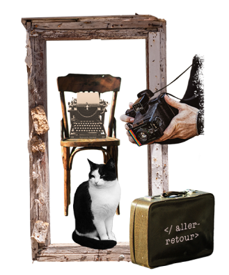 A collage showing an old wooden frame, a worn wooden chair with a vintage typewriter on top, a black-and-white cat, two hands holding a vintage camera and a vintage suitcase that reads aller-retour.