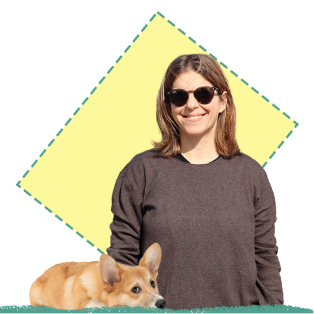 A photo of Katerina in sunglasses, smiling at the camera. The photo is a collage with that of a corgi.